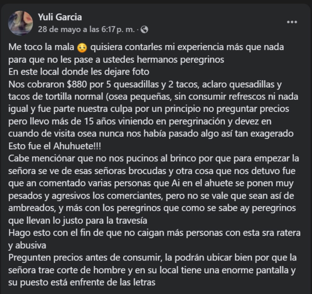 Reportan abuso de precios en puesto de comida en El Ahuehuete, Chalma